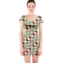 Brown Green Rectangles Pattern Short Sleeve Bodycon Dress