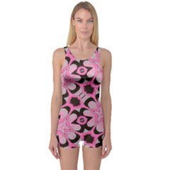 Powder Pink Black Abstract  One Piece Boyleg Swimsuit