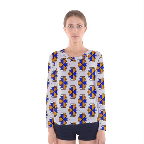 Orange Blue Honeycomb Pattern Women Long Sleeve T-shirt by LalyLauraFLM