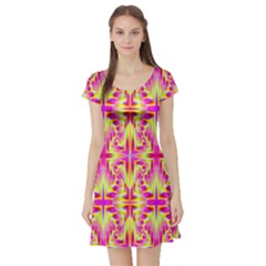 Pink And Yellow Rave Pattern Short Sleeve Skater Dress