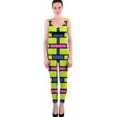 Pink Green Blue Rectangles Pattern Onepiece Catsuit by LalyLauraFLM