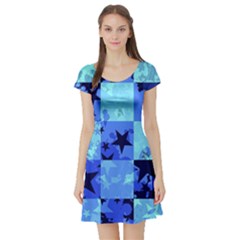 Blue Star Checkers Short Sleeve Skater Dress by ArtistRoseanneJones