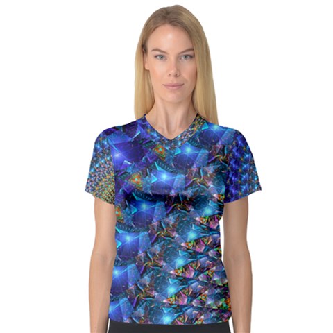 Blue Sunrise Fractal Women s V-neck Sport Mesh Tee by KirstenStar