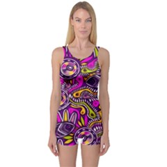 Purple Tribal Abstract Fish One Piece Boyleg Swimsuit by KirstenStar