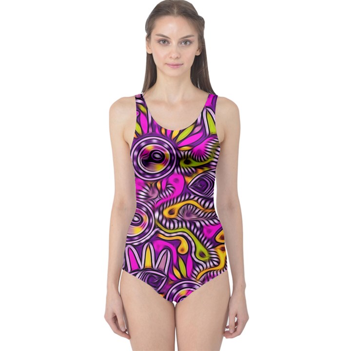 Purple Tribal Abstract Fish One Piece Swimsuit