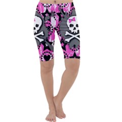 Pink Bow Skull Cropped Leggings  by ArtistRoseanneJones