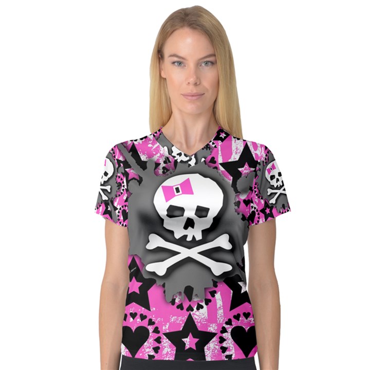 Pink Bow Skull Women s V－Neck Sport Mesh Tee