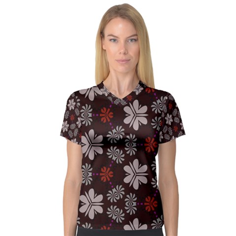 Floral Pattern On A Brown Background Women s V-neck Sport Mesh Tee by LalyLauraFLM