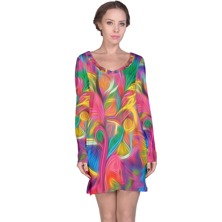 Colorful Floral Abstract Painting Long Sleeve Nightdress