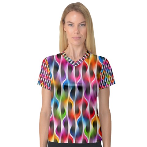 Rainbow Psychedelic Waves Women s V-neck Sport Mesh Tee by KirstenStar