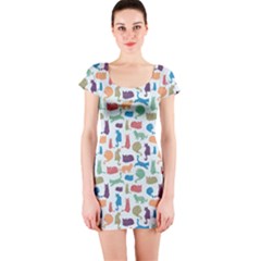 Blue Colorful Cats Silhouettes Pattern Short Sleeve Bodycon Dresses by Contest580383