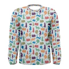 Blue Colorful Cats Silhouettes Pattern Men s Long Sleeve T-shirts