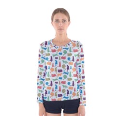 Blue Colorful Cats Silhouettes Pattern Women s Long Sleeve T-shirts