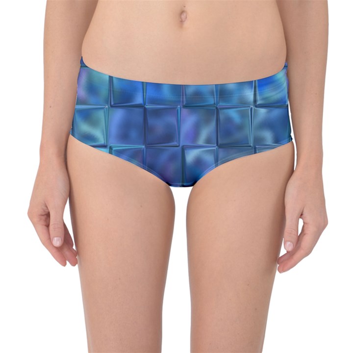 Blue Squares Tiles Mid-Waist Bikini Bottoms