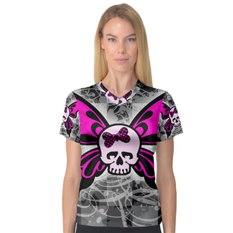 Skull Butterfly Women s V-neck Sport Mesh Tee by ArtistRoseanneJones