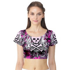 Pink Skull Splatter Short Sleeve Crop Top