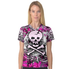 Pink Skull Splatter Women s V-neck Sport Mesh Tee