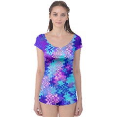 Blue And Purple Marble Waves Short Sleeve Leotard