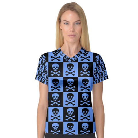 Blue Skull Checkerboard Women s V-neck Sport Mesh Tee by ArtistRoseanneJones