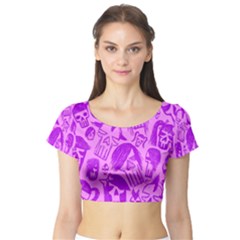 Purple Skull Sketches Short Sleeve Crop Top