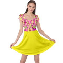 Pink And Yellow Rave Pattern Cap Sleeve Dress