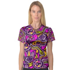 Purple Tribal Abstract Fish Women s V-neck Sport Mesh Tee