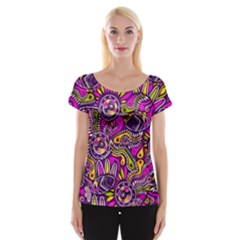 Purple Tribal Abstract Fish Women s Cap Sleeve Top