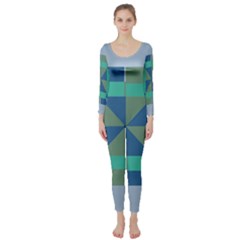 Green Blue Shapes  Long Sleeve Catsuit