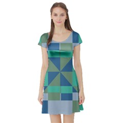 Green Blue Shapes Short Sleeve Skater Dress