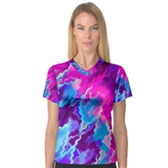 Stormy Pink Purple Teal Artwork Women s V-neck Sport Mesh Tee