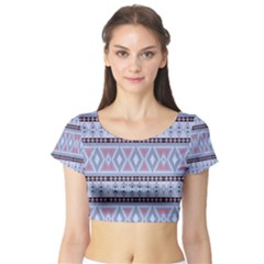 Fancy Tribal Border Pattern Blue Short Sleeve Crop Top