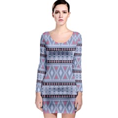 Fancy Tribal Border Pattern Blue Long Sleeve Bodycon Dresses