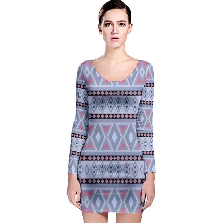 Fancy Tribal Border Pattern Blue Long Sleeve Bodycon Dresses