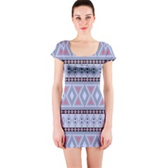 Fancy Tribal Border Pattern Blue Short Sleeve Bodycon Dresses