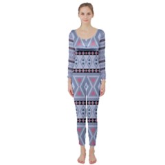 Fancy Tribal Border Pattern Blue Long Sleeve Catsuit