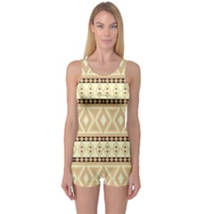 Fancy Tribal Border Pattern Beige Women s Boyleg One Piece Swimsuits