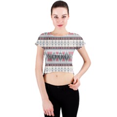 Fancy Tribal Border Pattern Soft Crew Neck Crop Top