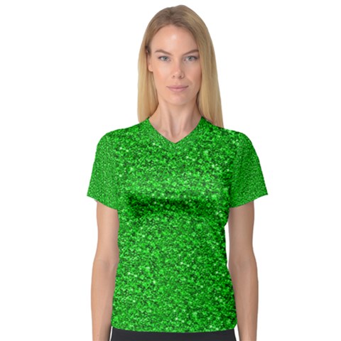 Sparkling Glitter Neon Green Women s V-neck Sport Mesh Tee by ImpressiveMoments