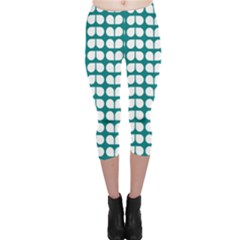 Teal And White Leaf Pattern Capri Leggings by GardenOfOphir