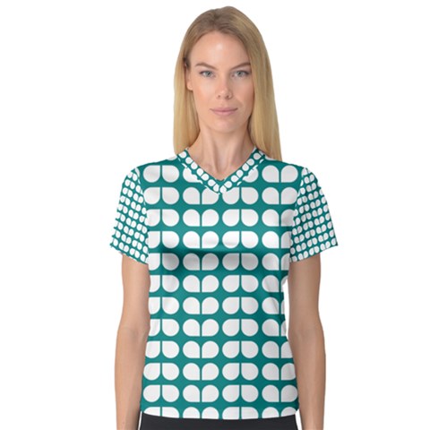 Teal And White Leaf Pattern Women s V-neck Sport Mesh Tee by GardenOfOphir