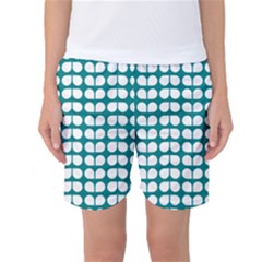 Teal And White Leaf Pattern Women s Basketball Shorts by GardenOfOphir