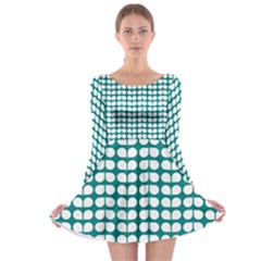 Teal And White Leaf Pattern Long Sleeve Skater Dress