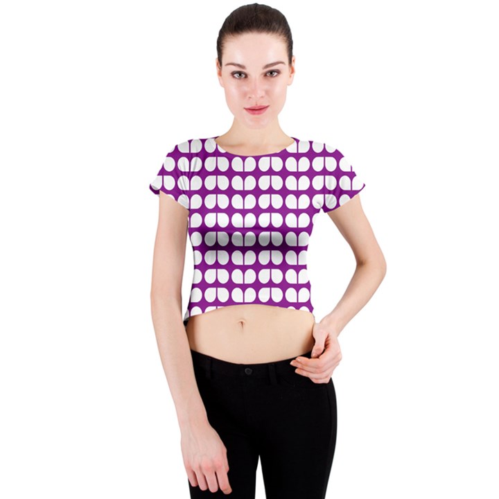 Purple And White Leaf Pattern Crew Neck Crop Top