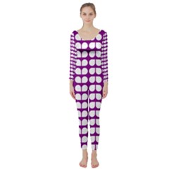 Purple And White Leaf Pattern Long Sleeve Catsuit