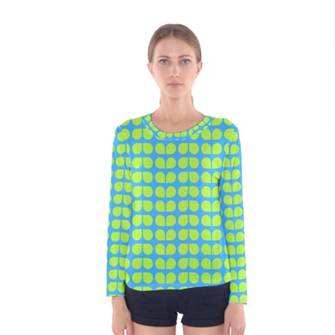 Blue Lime Leaf Pattern Women s Long Sleeve T-shirts by GardenOfOphir