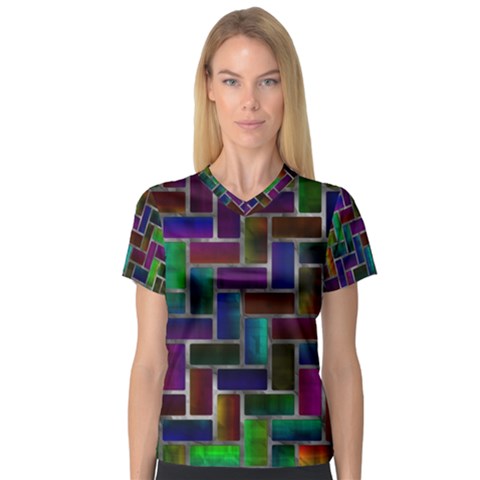 Colorful Rectangles Pattern Women s V-neck Sport Mesh Tee by LalyLauraFLM