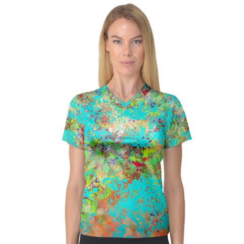 Abstract Garden In Aqua Women s V-neck Sport Mesh Tee by digitaldivadesigns