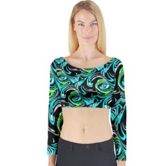 Bright Aqua, Black, And Green Design Long Sleeve Crop Top by digitaldivadesigns