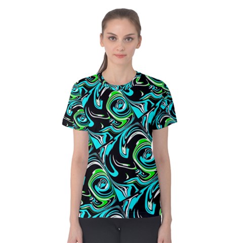 Bright Aqua, Black, And Green Design Women s Cotton Tees by digitaldivadesigns