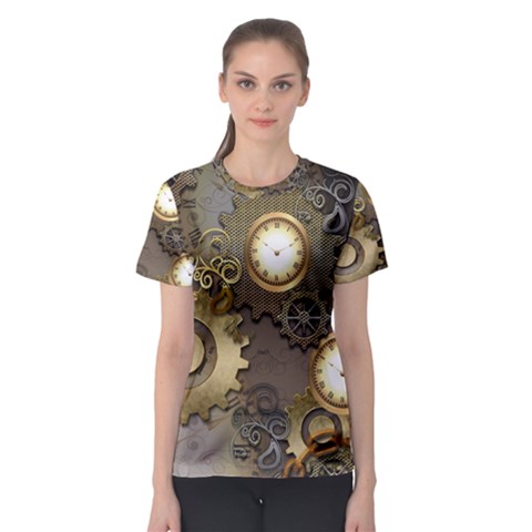 Steampunk, Golden Design With Clocks And Gears Women s Sport Mesh Tees by FantasyWorld7